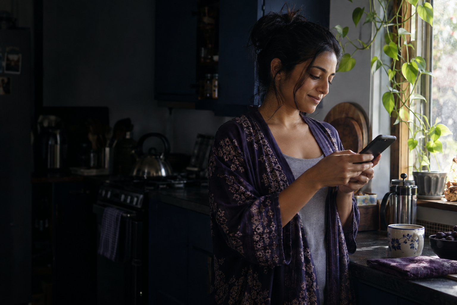 A quiet morning moment, checking a phone by the kitchen window